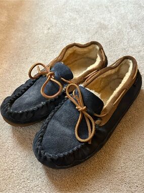 Men's Navy and Tan Suede Shearling-Lined Moccasin Slippers